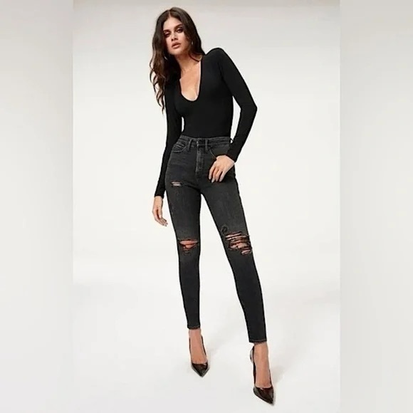 Good American Women’s Good Waist Distressed Ankle Jeans in Black Size 26 - Picture 1 of 12
